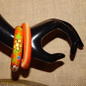 <3   BoHo Orange Hand Painted & Wrapped Bangle Set